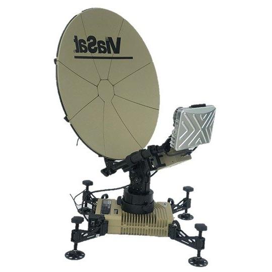 Product image of a tan Multi-Mission ground terminal featuring a black Viasat logo and TRIA